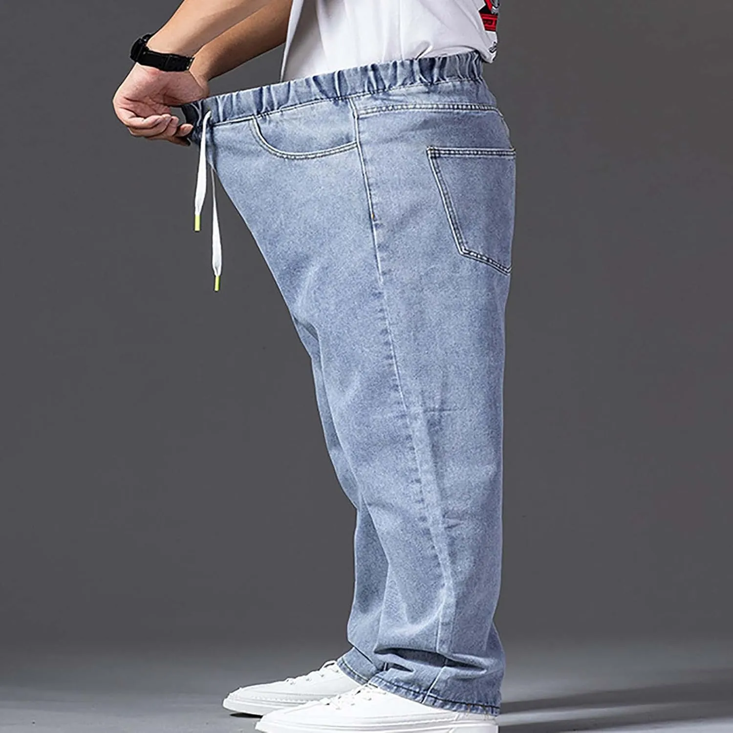 Classic Jeans for Men Fashion Elastic Waist Drawstring Denim Pants Casual Loose Straight Legs Trousers with Pockets