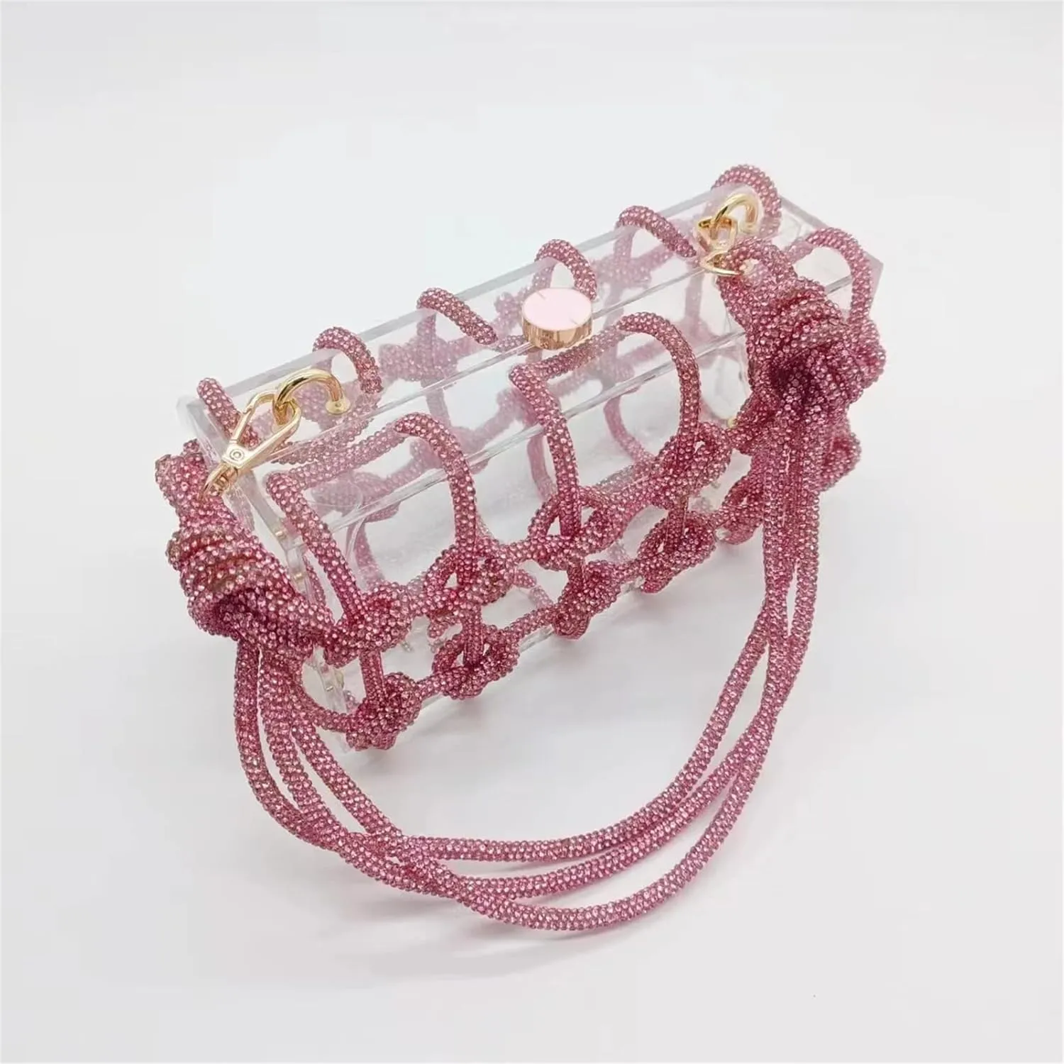 Clear Acrylic Rhinestone Purse, Sparkle Evening Clutch, Crystal Embellished Knotted Handbag for Cocktail, Party, Prom