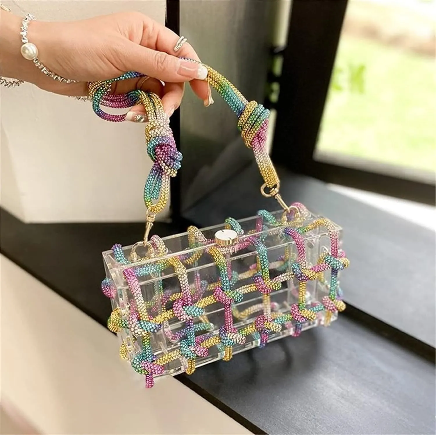 Clear Acrylic Rhinestone Purse, Sparkle Evening Clutch, Crystal Embellished Knotted Handbag for Cocktail, Party, Prom