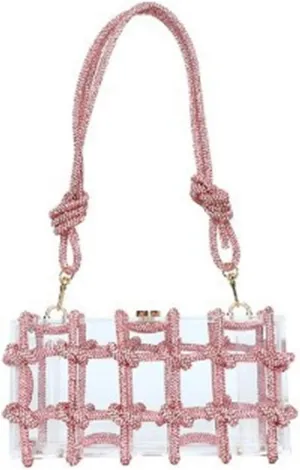 Clear Acrylic Rhinestone Purse, Sparkle Evening Clutch, Crystal Embellished Knotted Handbag for Cocktail, Party, Prom