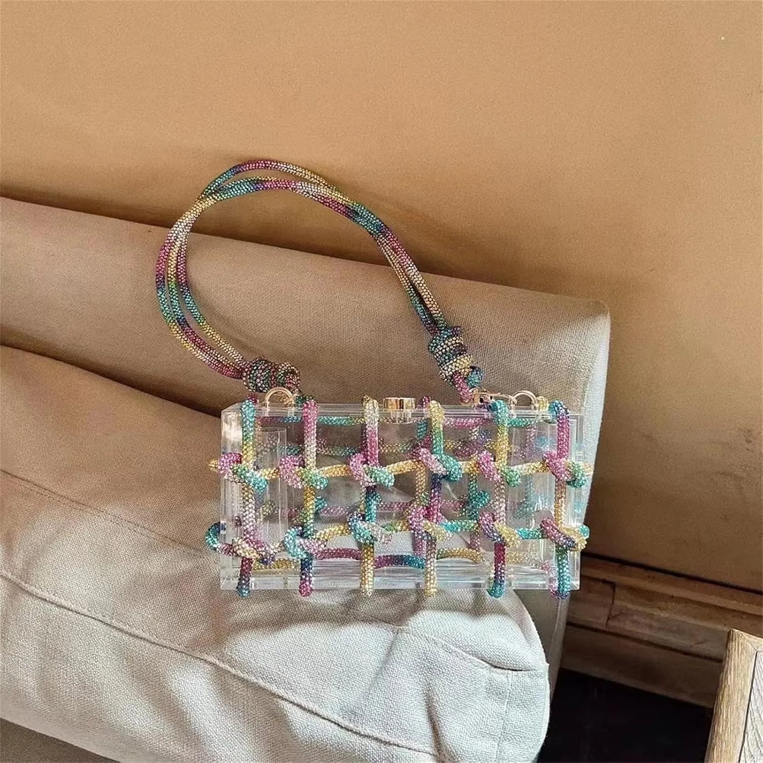 Clear Acrylic Rhinestone Purse, Sparkle Evening Clutch, Crystal Embellished Knotted Handbag for Cocktail, Party, Prom