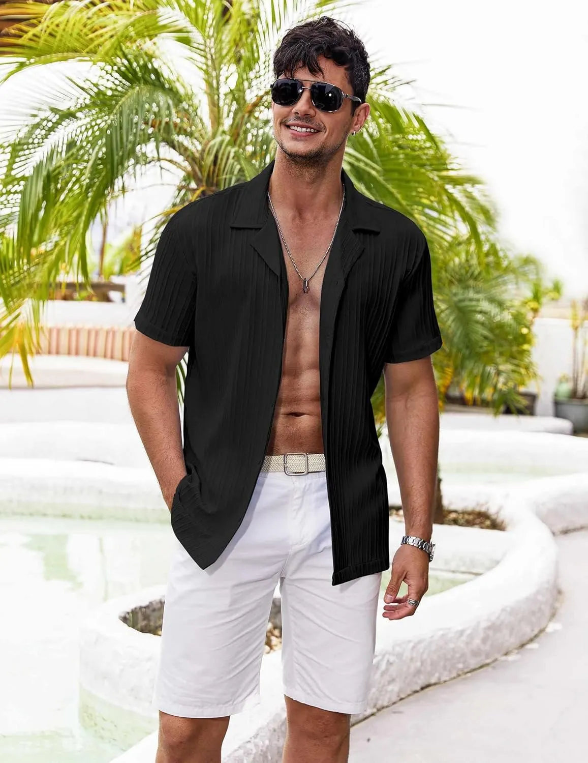 COOFANDY Men's Casual Shirts Short Sleeve Button Down Shirts Fashion Textured Summer Beach Shirt