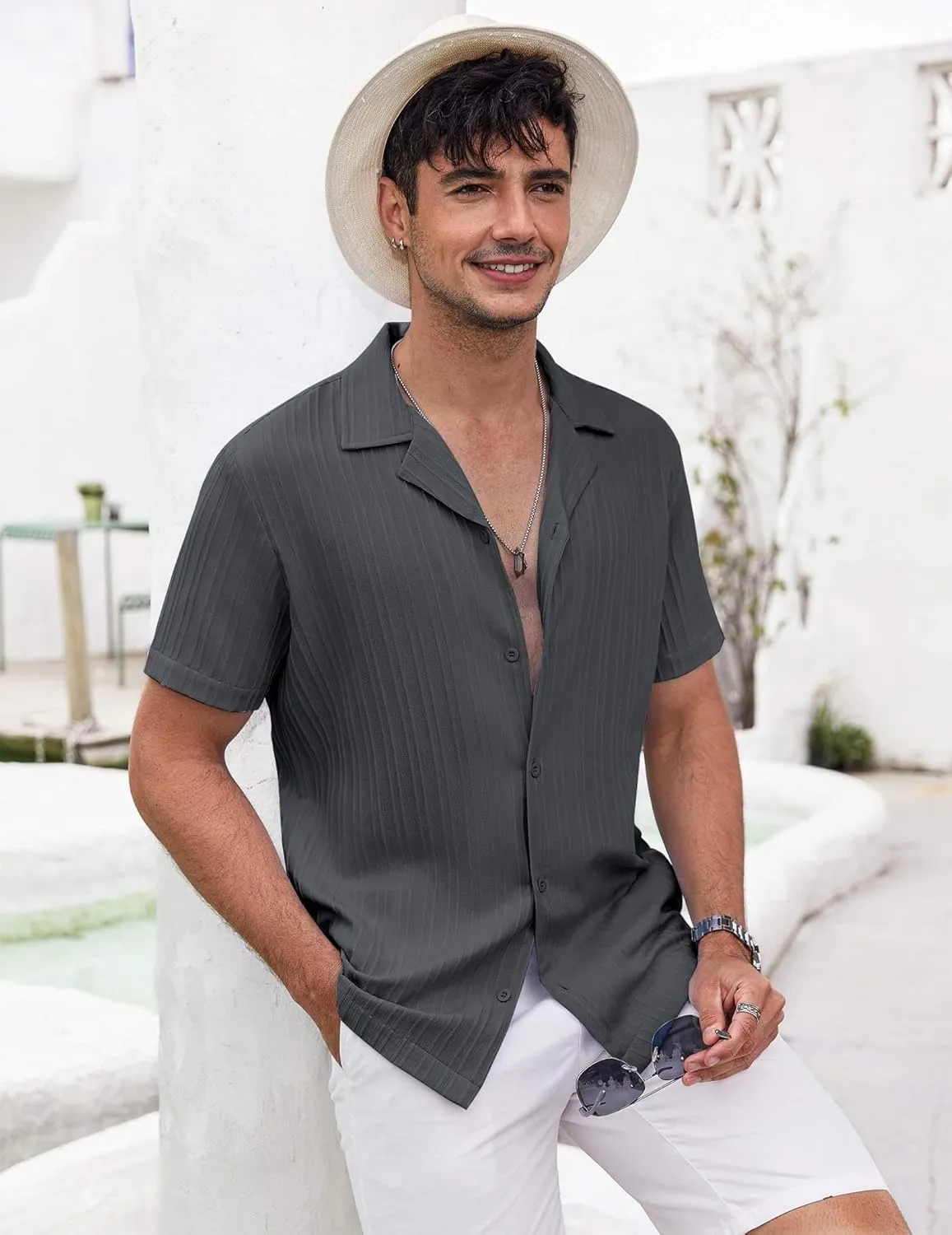 COOFANDY Men's Casual Shirts Short Sleeve Button Down Shirts Fashion Textured Summer Beach Shirt