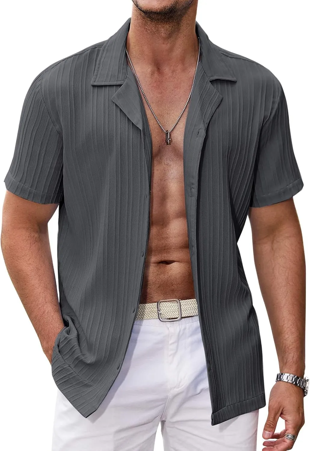 COOFANDY Men's Casual Shirts Short Sleeve Button Down Shirts Fashion Textured Summer Beach Shirt