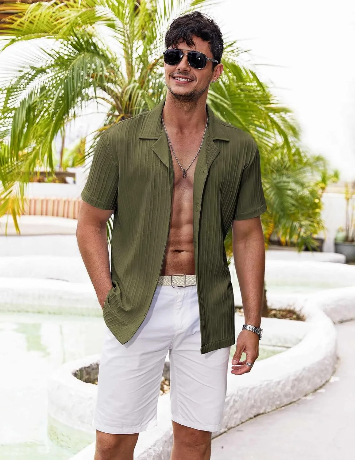 COOFANDY Men's Casual Shirts Short Sleeve Button Down Shirts Fashion Textured Summer Beach Shirt
