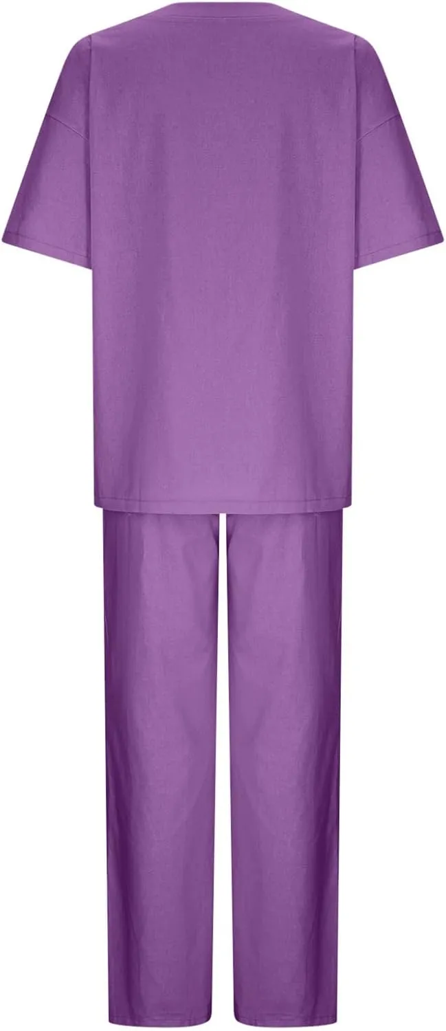 Cotton Linen 2 Piece Set for Women Summer Fall Outfits Plus Size Short Sleeve Shirts and Long Pants, Large