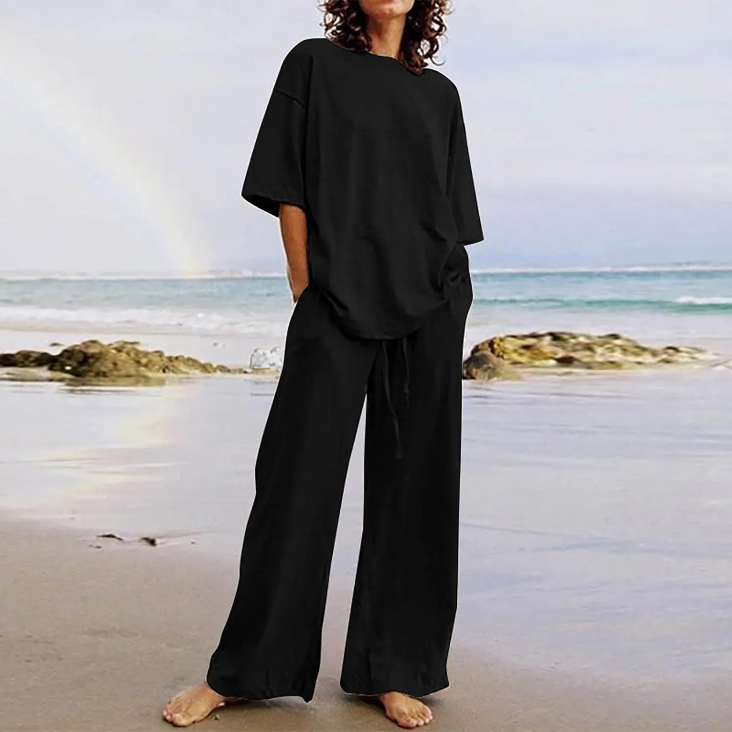 Cotton Linen 2 Piece Set for Women Summer Fall Outfits Plus Size Short Sleeve Shirts and Long Pants, Large