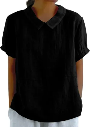 Cotton Linen Shirts for Women 2025 Summer Short Sleeve Casual Collared Work Blouse Tunic TOS