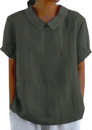 Cotton Linen Shirts for Women 2025 Summer Short Sleeve Casual Collared Work Blouse Tunic TOS