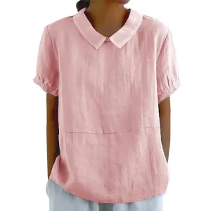 Cotton Linen Shirts for Women 2025 Summer Short Sleeve Casual Collared Work Blouse Tunic TOS