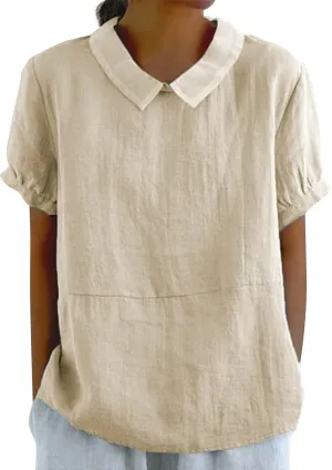 Cotton Linen Shirts for Women 2025 Summer Short Sleeve Casual Collared Work Blouse Tunic TOS