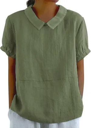 Cotton Linen Shirts for Women 2025 Summer Short Sleeve Casual Collared Work Blouse Tunic TOS