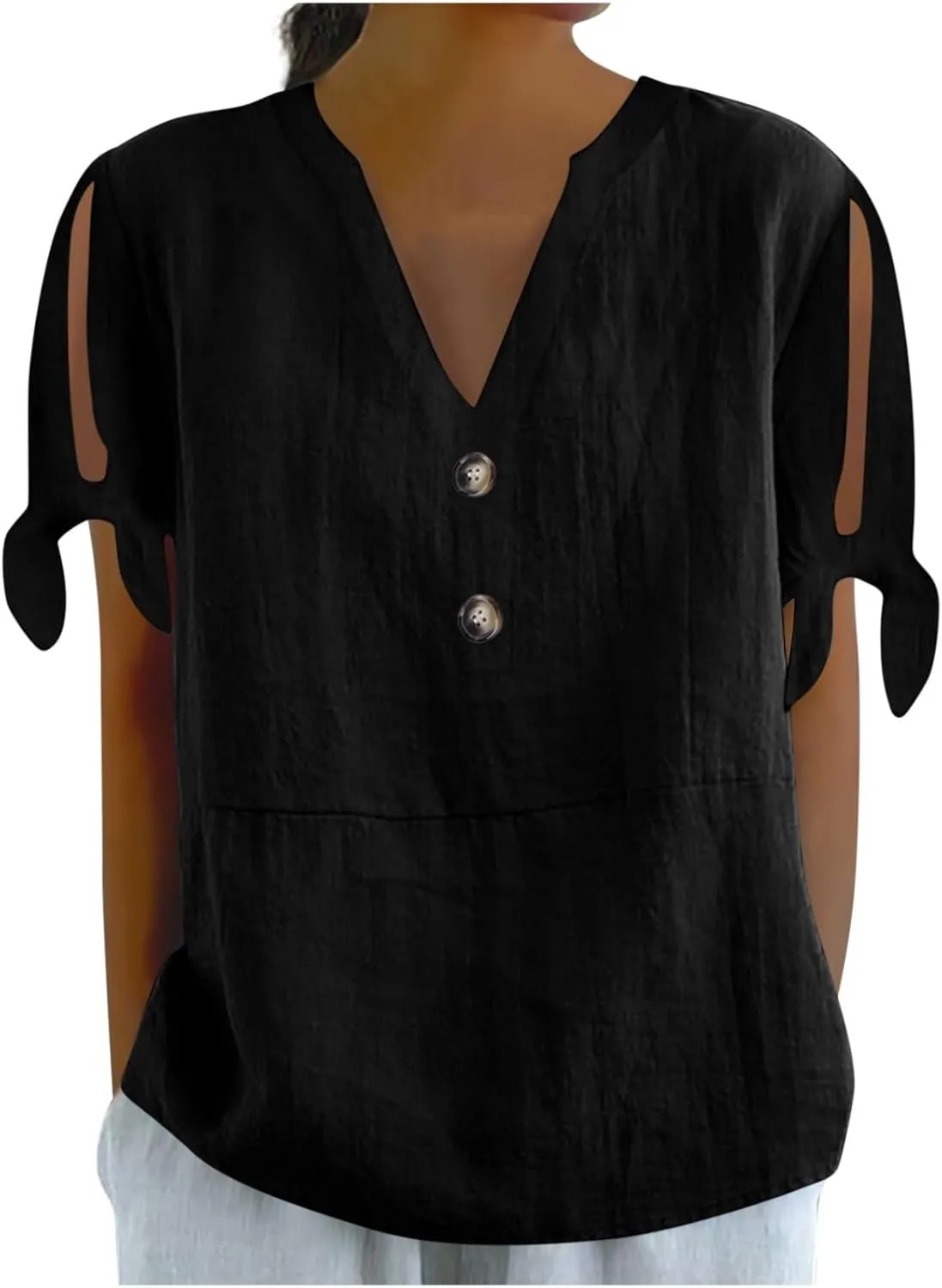 Cotton Linen Shirts for Women Cold Shoulder Knot Short Sleeve V Neck Tops Button Trendy Business Work Blouses