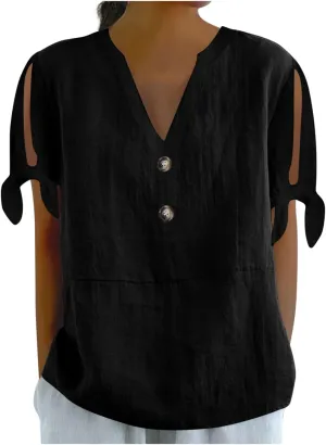 Cotton Linen Shirts for Women Cold Shoulder Knot Short Sleeve V Neck Tops Button Trendy Business Work Blouses
