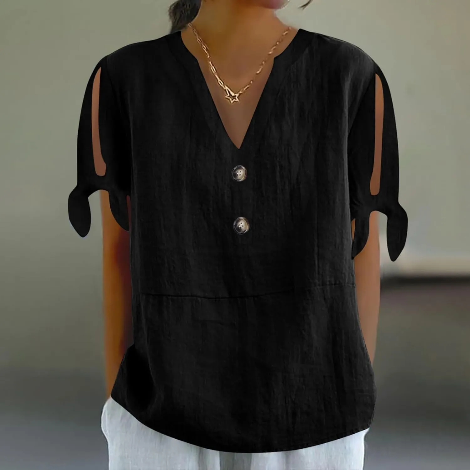 Cotton Linen Shirts for Women Cold Shoulder Knot Short Sleeve V Neck Tops Button Trendy Business Work Blouses