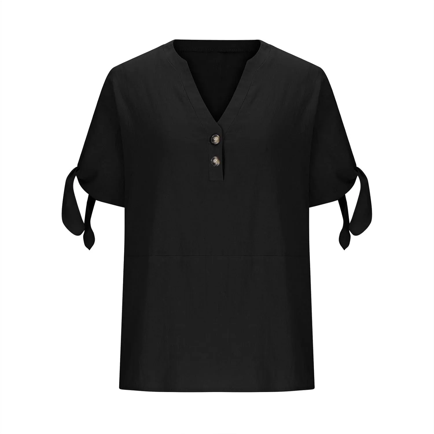 Cotton Linen Shirts for Women Cold Shoulder Knot Short Sleeve V Neck Tops Button Trendy Business Work Blouses