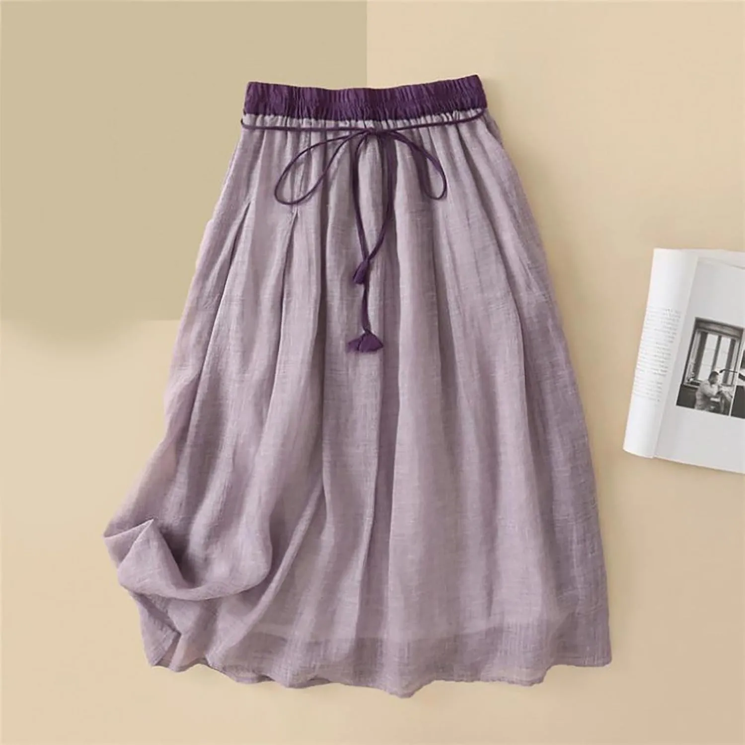 Cotton Linen Skirts for Women 2025 Summer A-Line Elastic Waist Front Strap Solid Skirt Embroidery Vintage Midi Skirts