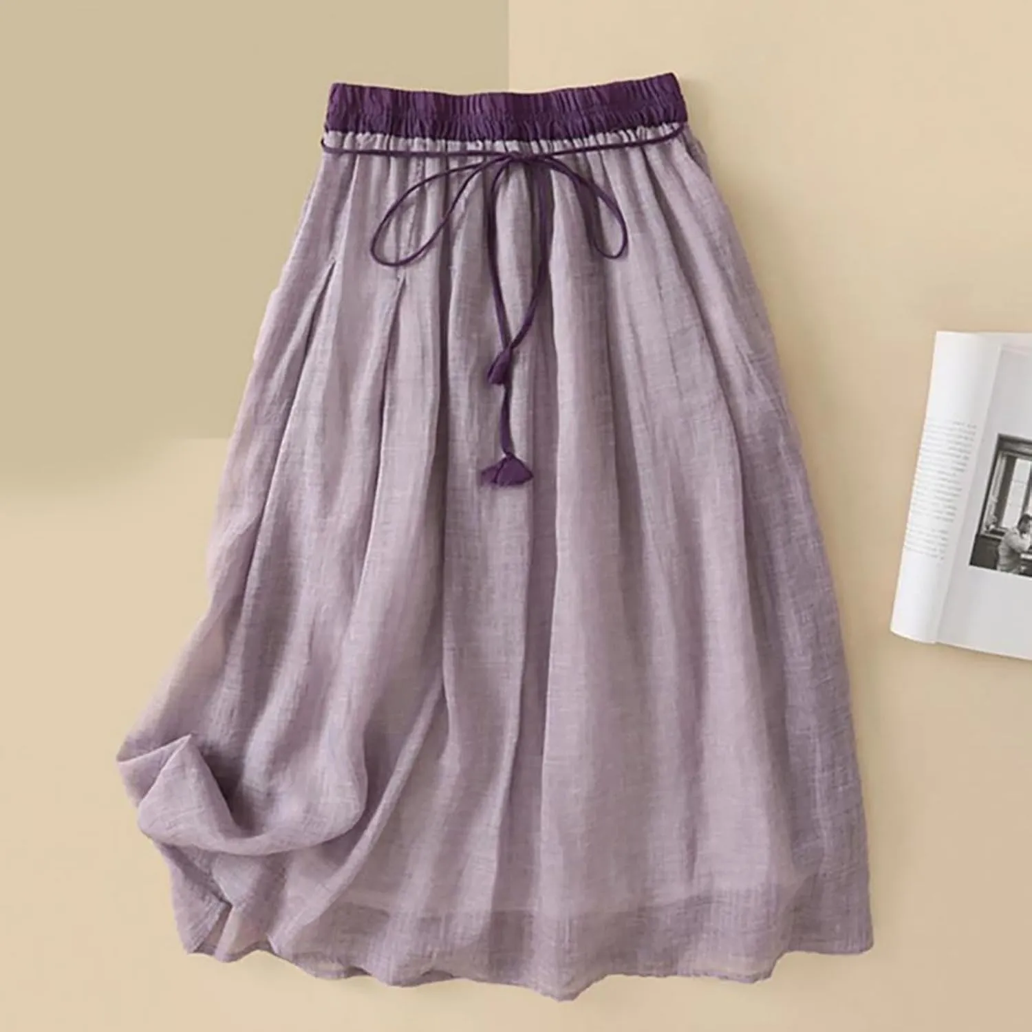 Cotton Linen Skirts for Women 2025 Summer A-Line Elastic Waist Front Strap Solid Skirt Embroidery Vintage Midi Skirts