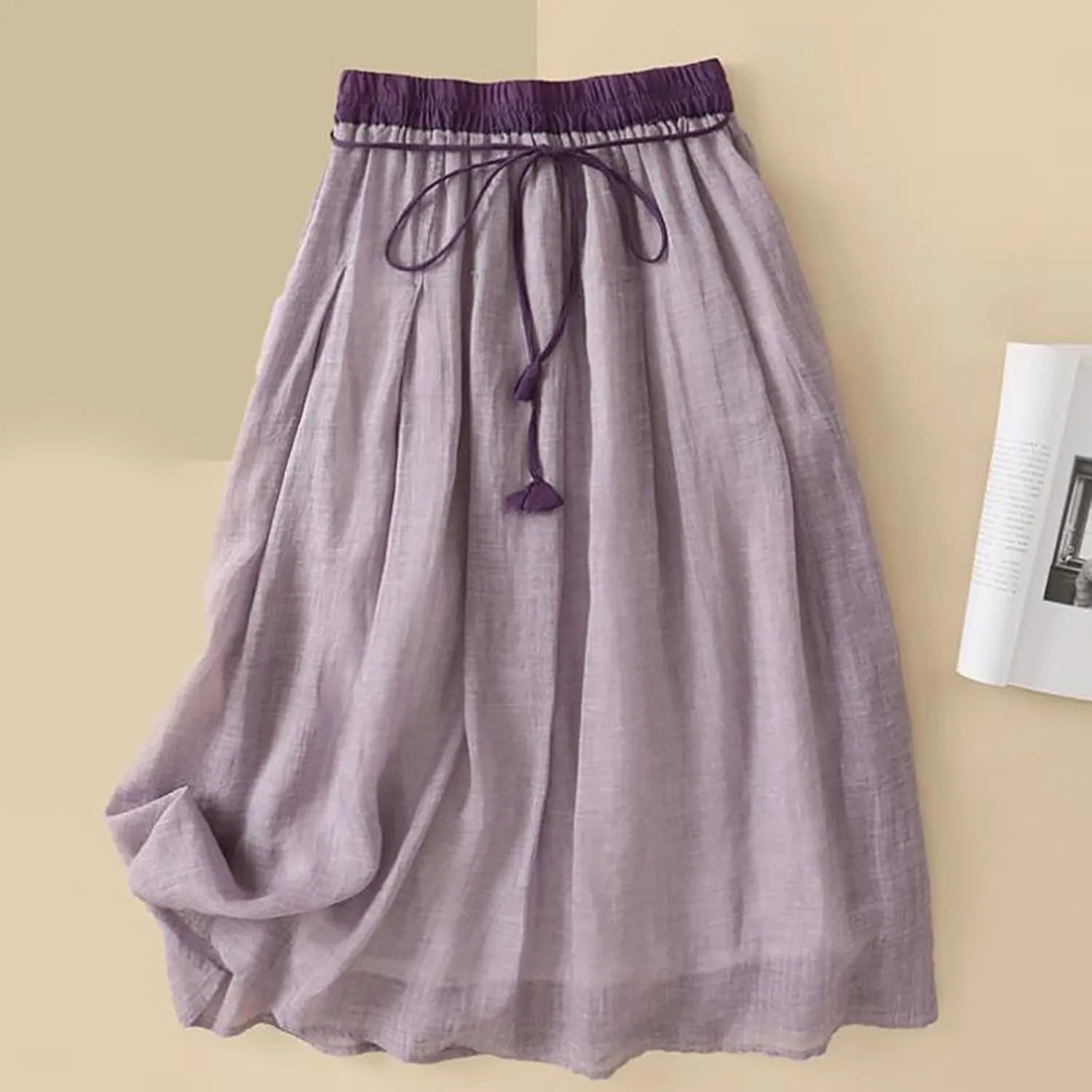 Cotton Linen Skirts for Women 2025 Summer A-Line Elastic Waist Front Strap Solid Skirt Embroidery Vintage Midi Skirts