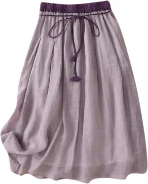 Cotton Linen Skirts for Women 2025 Summer A-Line Elastic Waist Front Strap Solid Skirt Embroidery Vintage Midi Skirts