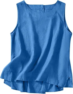 Cotton Linen Tank Tops for Women Summer Vacation Lounge Tops Loose Fit Sleeveless Scoop Neck Shirts Beach Tees Vests