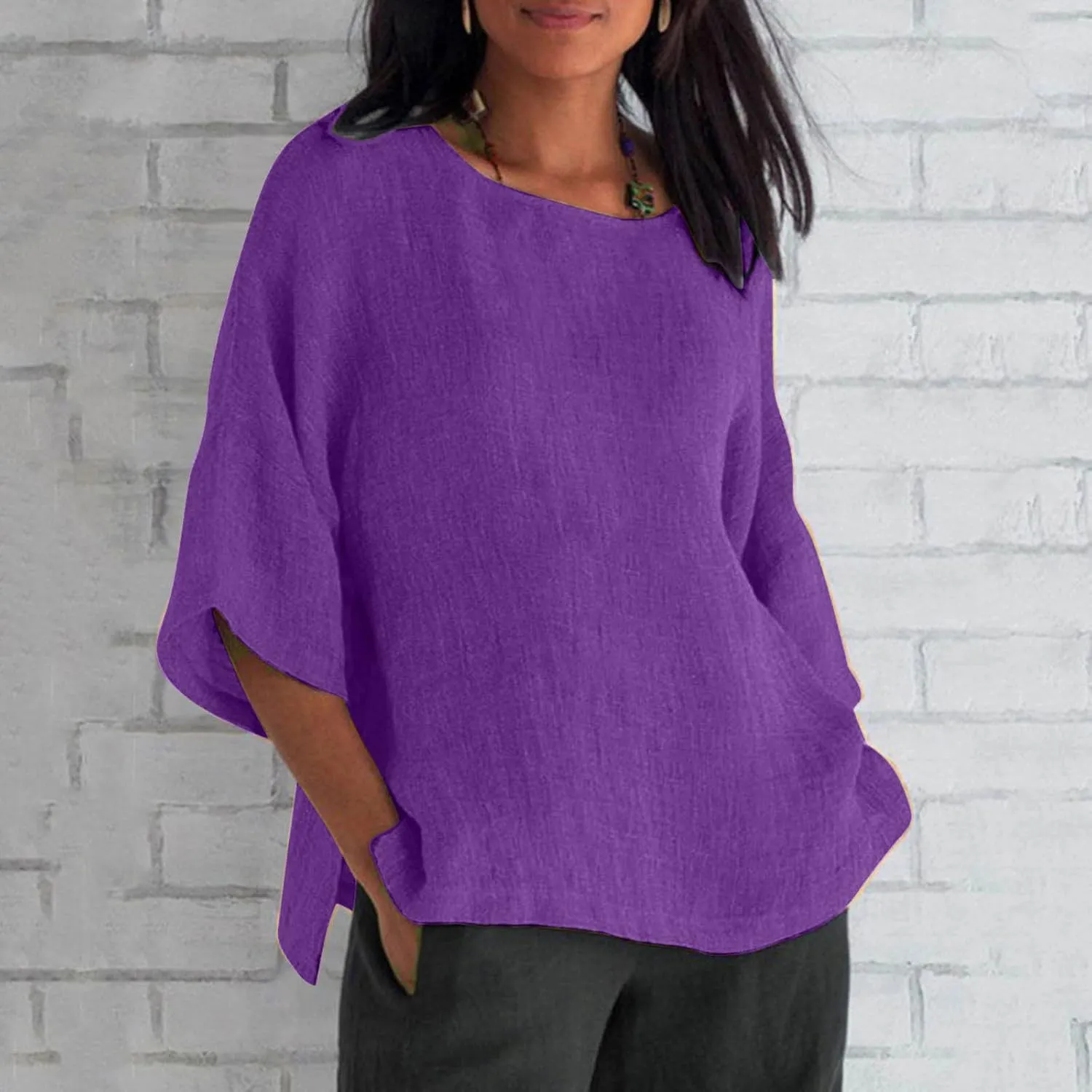 Cotton Linen Tshirts for Women Summer 2025 Crew Neck Bell Elbow Sleeve Blouse Solid Color Loose Tops Plus Size