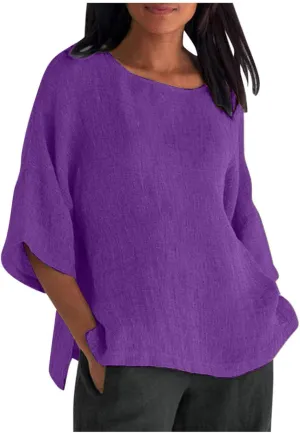 Cotton Linen Tshirts for Women Summer 2025 Crew Neck Bell Elbow Sleeve Blouse Solid Color Loose Tops Plus Size