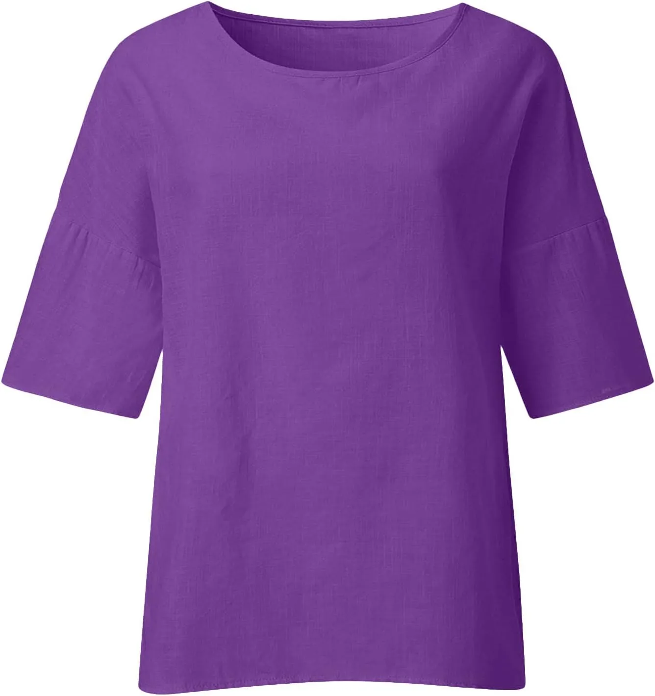 Cotton Linen Tshirts for Women Summer 2025 Crew Neck Bell Elbow Sleeve Blouse Solid Color Loose Tops Plus Size