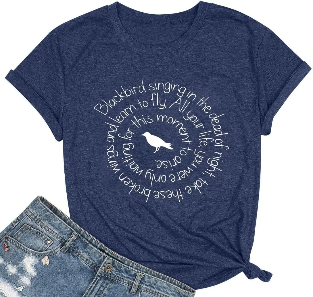Country Music Shirt Women Blackbird Singing in The Dead of Night Tee Funny Beatles Shirt Vintage Short Sleeve Tops