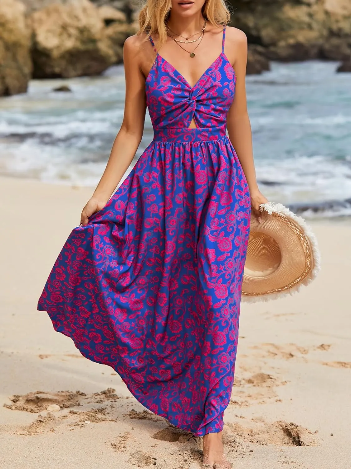 CUPSHE Women's Maxi Dress Floral Print Twisted V Neck Sleeveless Long Dress Summer Casual Dress