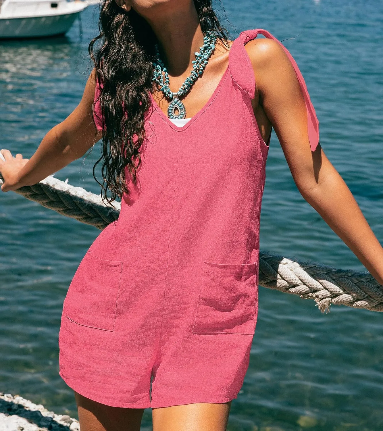 CUPSHE Women's Romper Knotted Strap V-Neck Jumpsuits Sleeveless Overall Wide Leg Outfit Casual