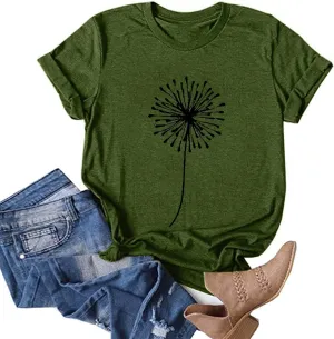 Dandelion Graphic Tees for Women Cute Dandelion Tee Shirts Casual Crew Neck T Shirts 2024 Summer Basic Top Blouse