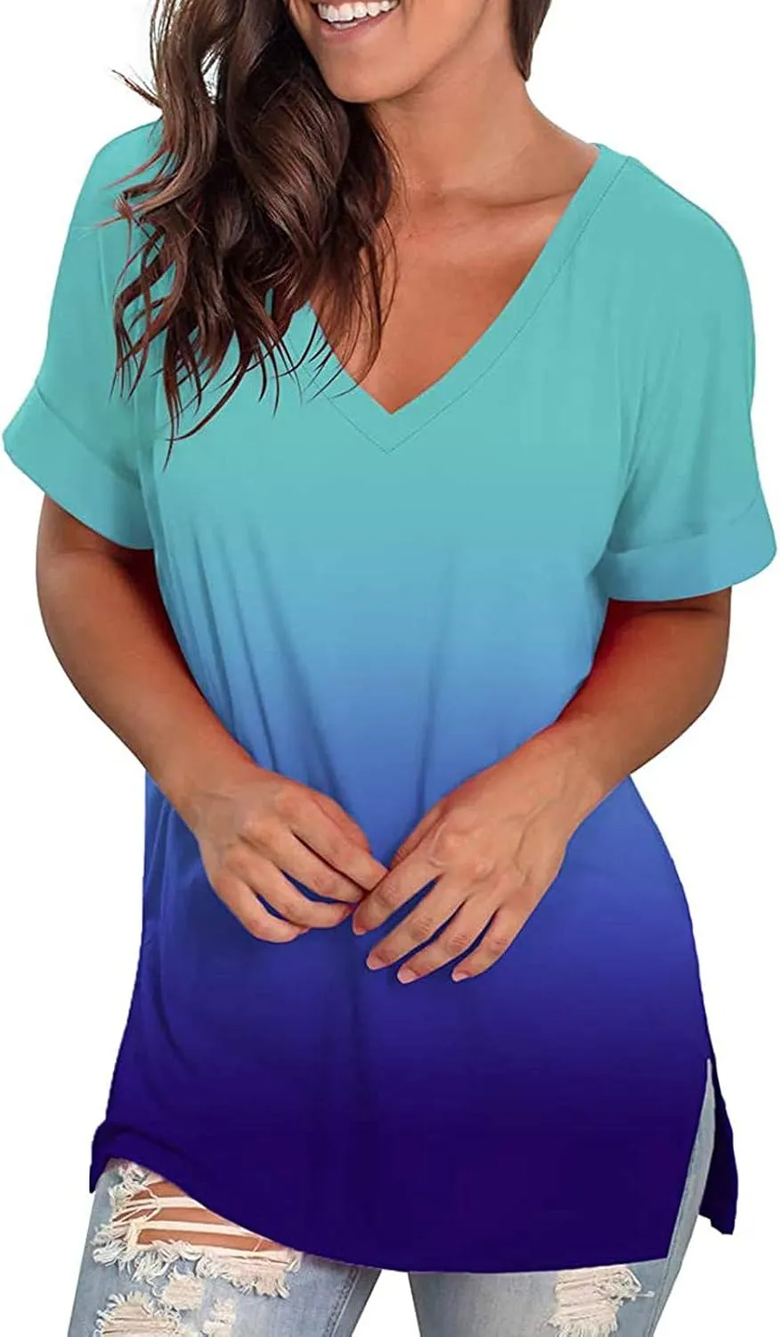 DASAYO Womens Tops 2023 Summer Casual T-Shirt Plus Size Fashion Short Sleeve Shirts Blouse Going Out Tunic Ladies Outfits