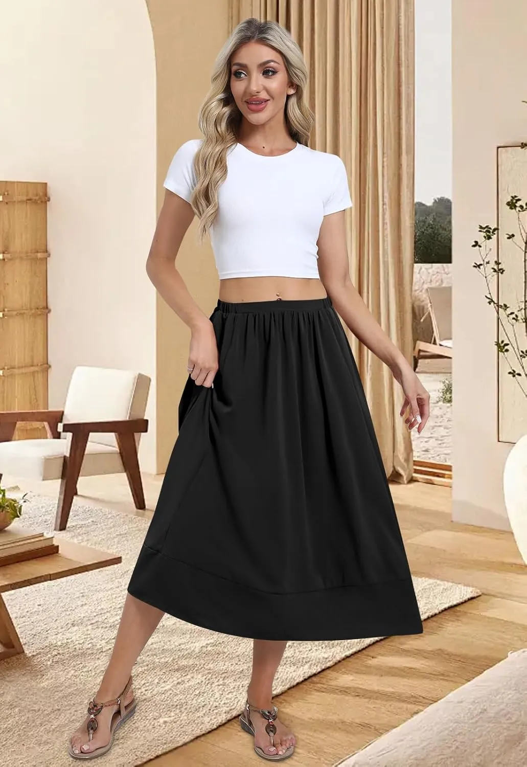 DB MOON Womens Midi Length Skirt 2025 Business Casual Flowy A Line Skirts with Pockets Teacher Outfits