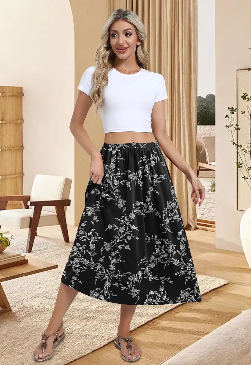 DB MOON Womens Midi Length Skirt 2025 Business Casual Flowy A Line Skirts with Pockets Teacher Outfits