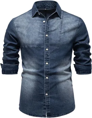 Denim Shirt Men Cotton Short Sleeve Button Down Slim Fit Cowboy Shirts Big and Tall Summer Beach Vacation Cruise Pocket Shirt