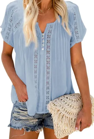 Dokotoo Women's V Neck Lace Crochet Eyelet Tops Short Sleeve Casual Shirts Blouses