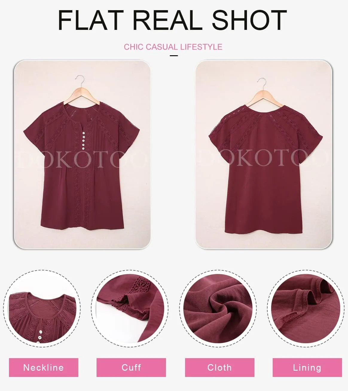 Dokotoo Women's V Neck Lace Crochet Eyelet Tops Short Sleeve Casual Shirts Blouses