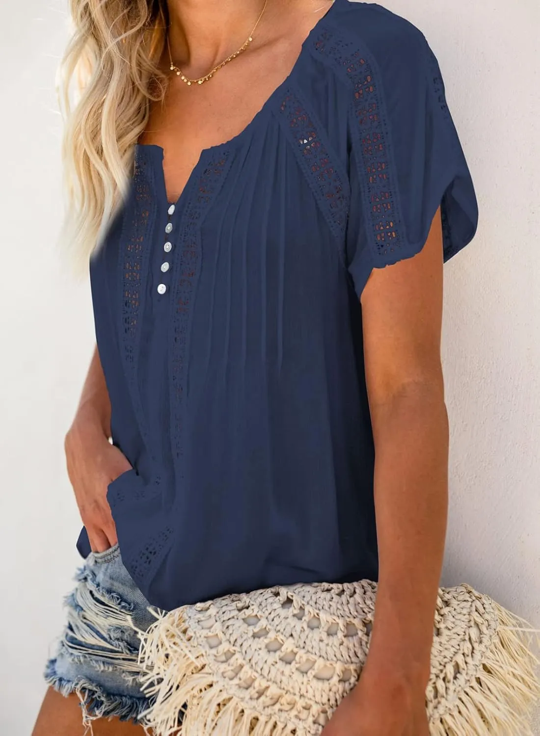 Dokotoo Women's V Neck Lace Crochet Eyelet Tops Short Sleeve Casual Shirts Blouses