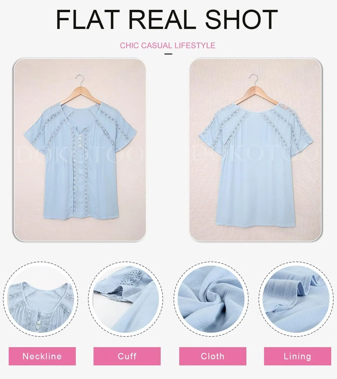 Dokotoo Women's V Neck Lace Crochet Eyelet Tops Short Sleeve Casual Shirts Blouses