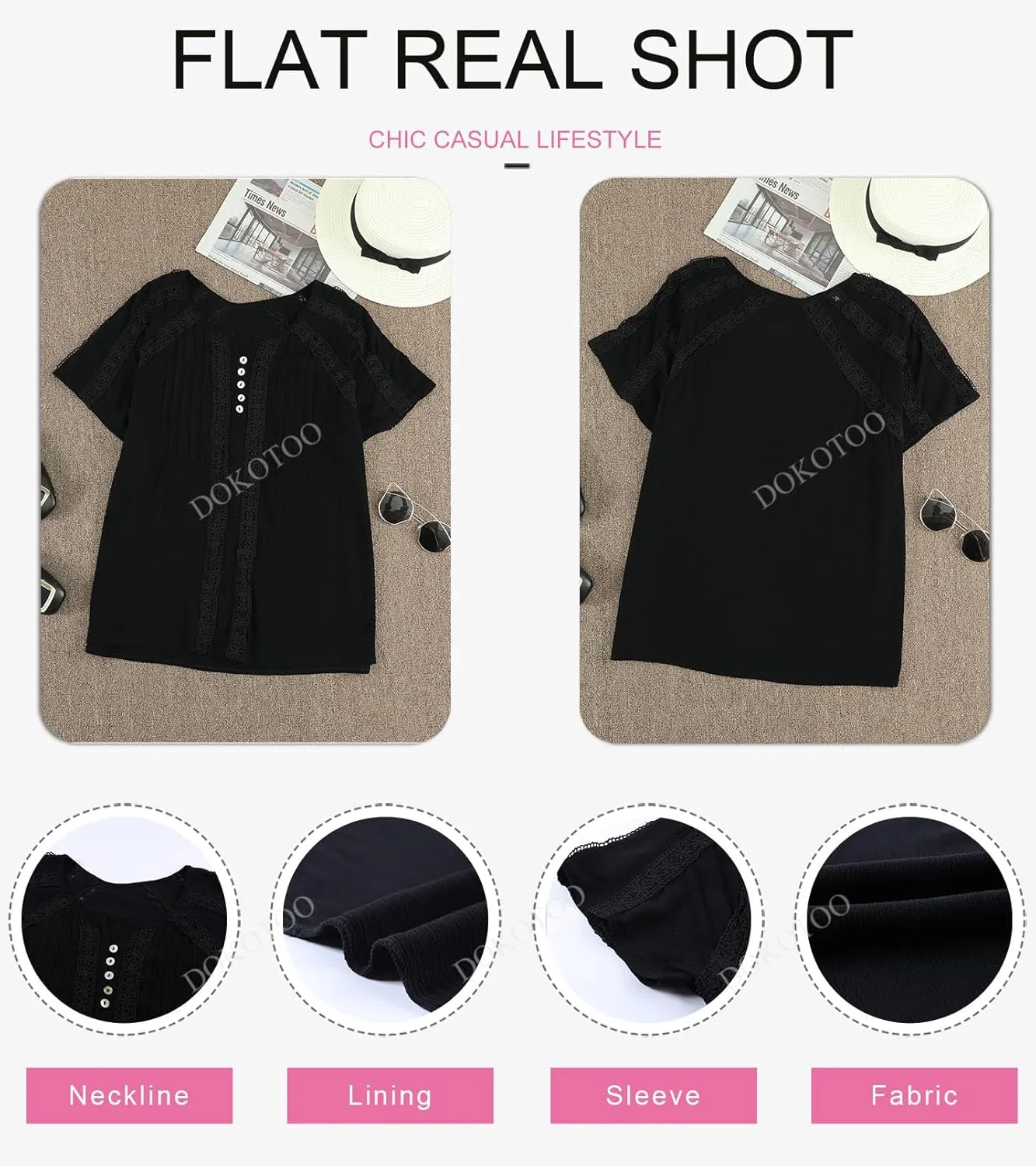 Dokotoo Women's V Neck Lace Crochet Eyelet Tops Short Sleeve Casual Shirts Blouses