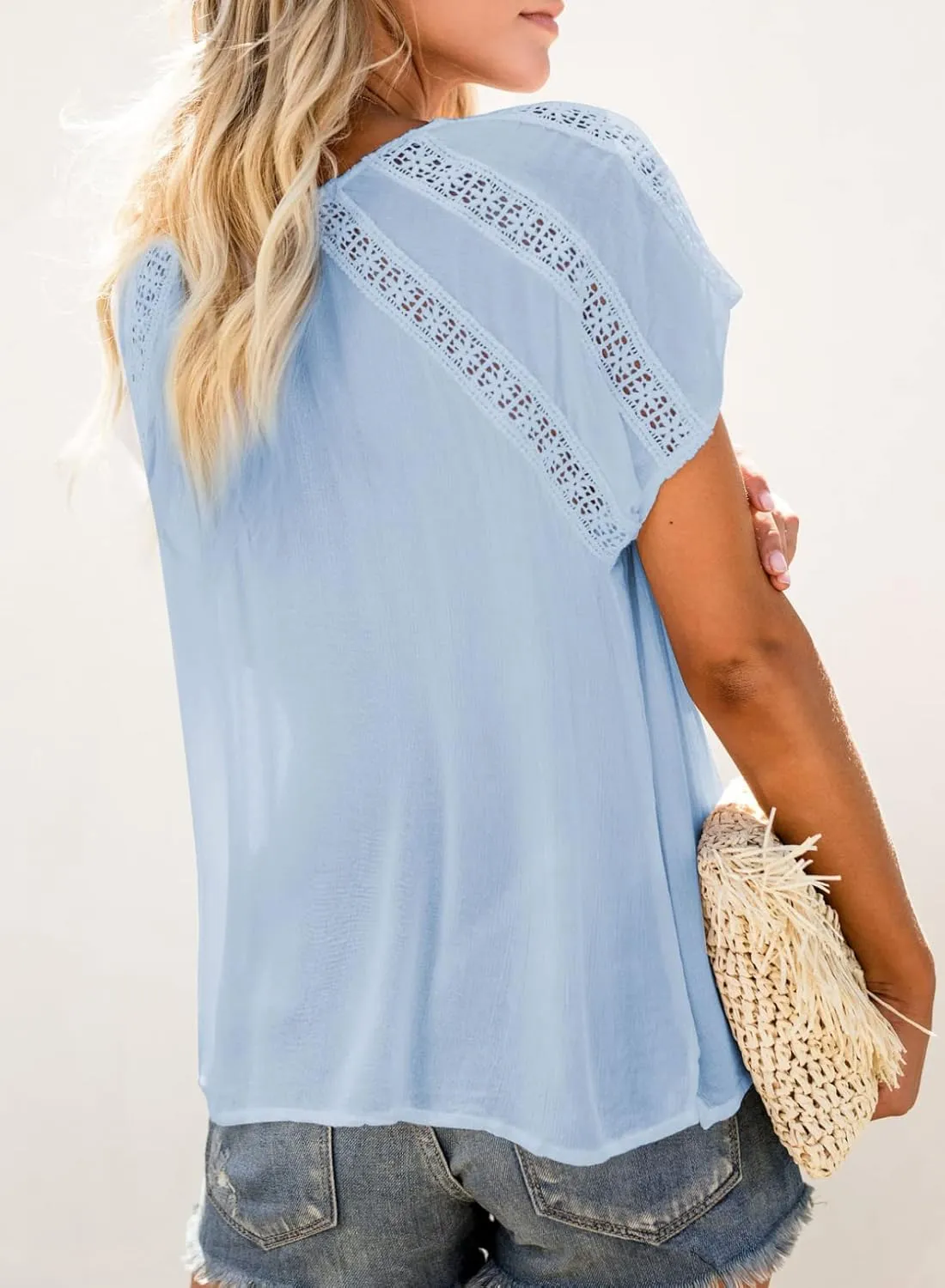 Dokotoo Women's V Neck Lace Crochet Eyelet Tops Short Sleeve Casual Shirts Blouses