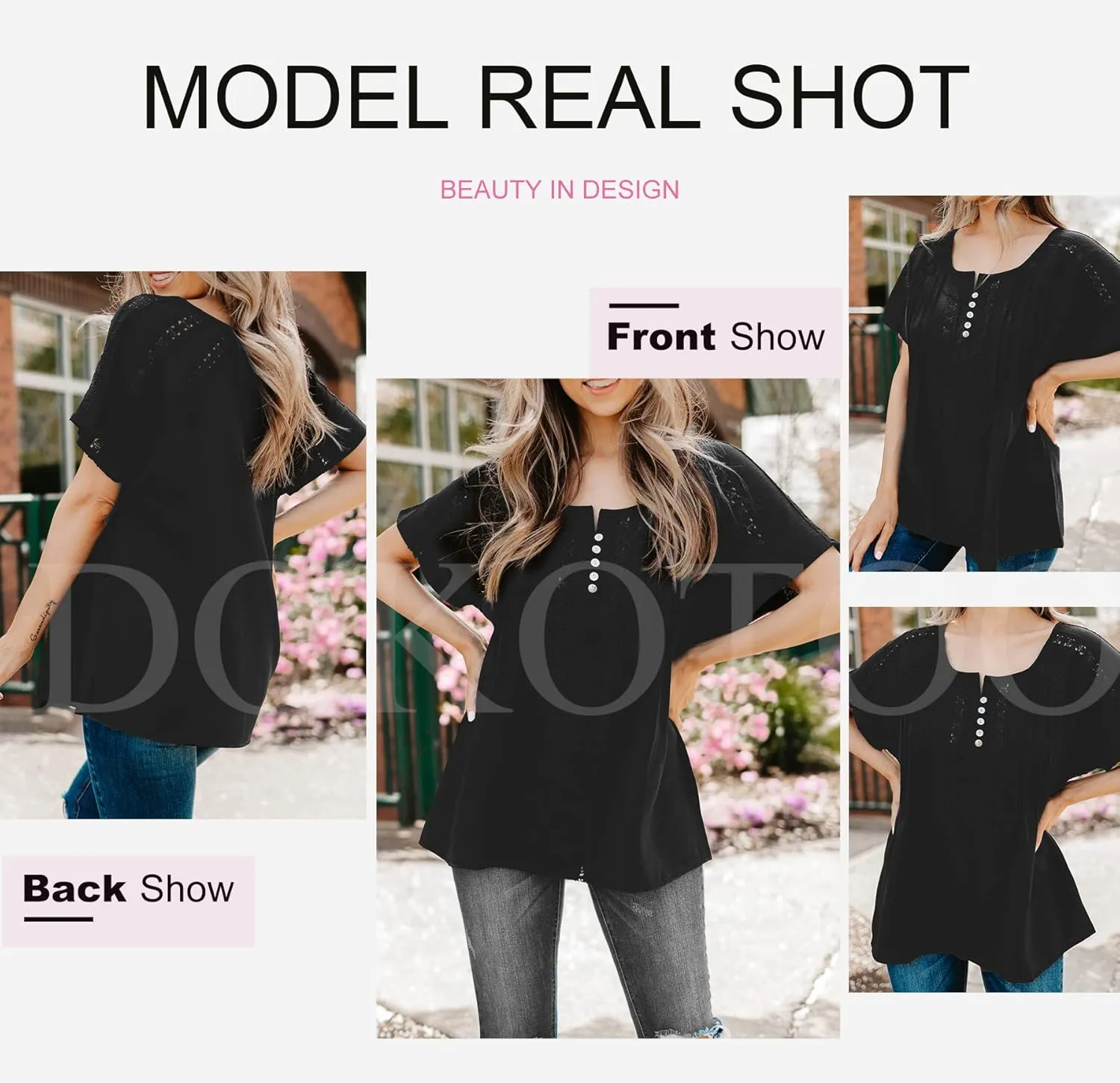 Dokotoo Women's V Neck Lace Crochet Eyelet Tops Short Sleeve Casual Shirts Blouses