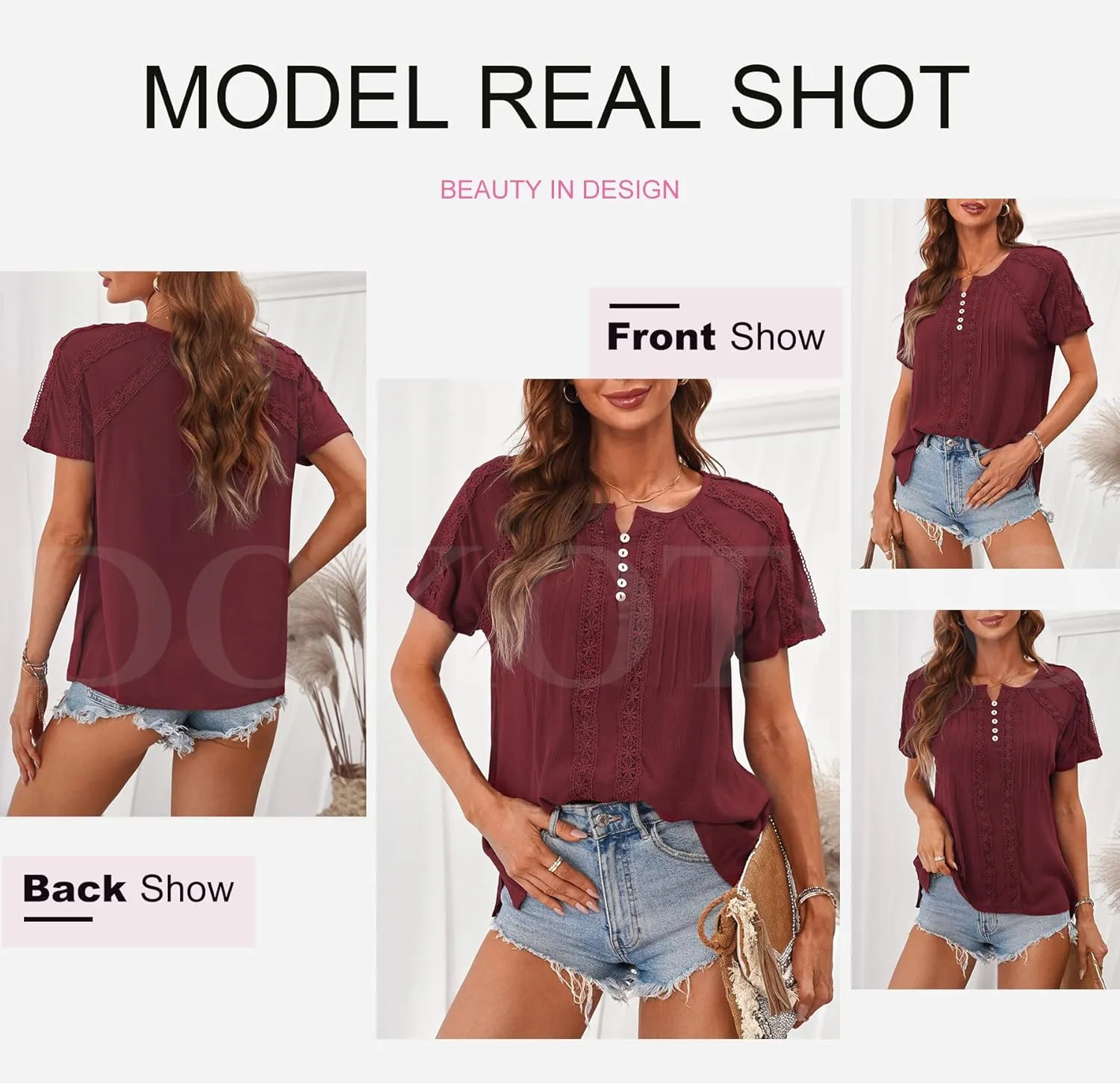 Dokotoo Women's V Neck Lace Crochet Eyelet Tops Short Sleeve Casual Shirts Blouses