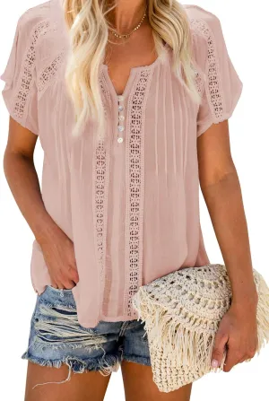 Dokotoo Women's V Neck Lace Crochet Eyelet Tops Short Sleeve Casual Shirts Blouses