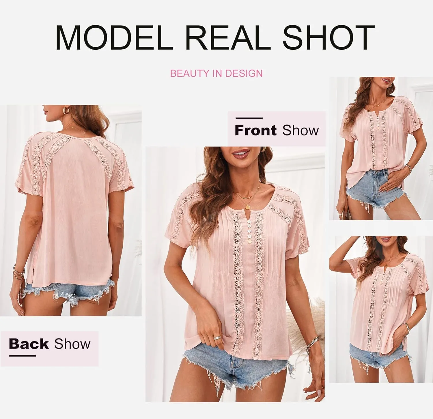 Dokotoo Women's V Neck Lace Crochet Eyelet Tops Short Sleeve Casual Shirts Blouses