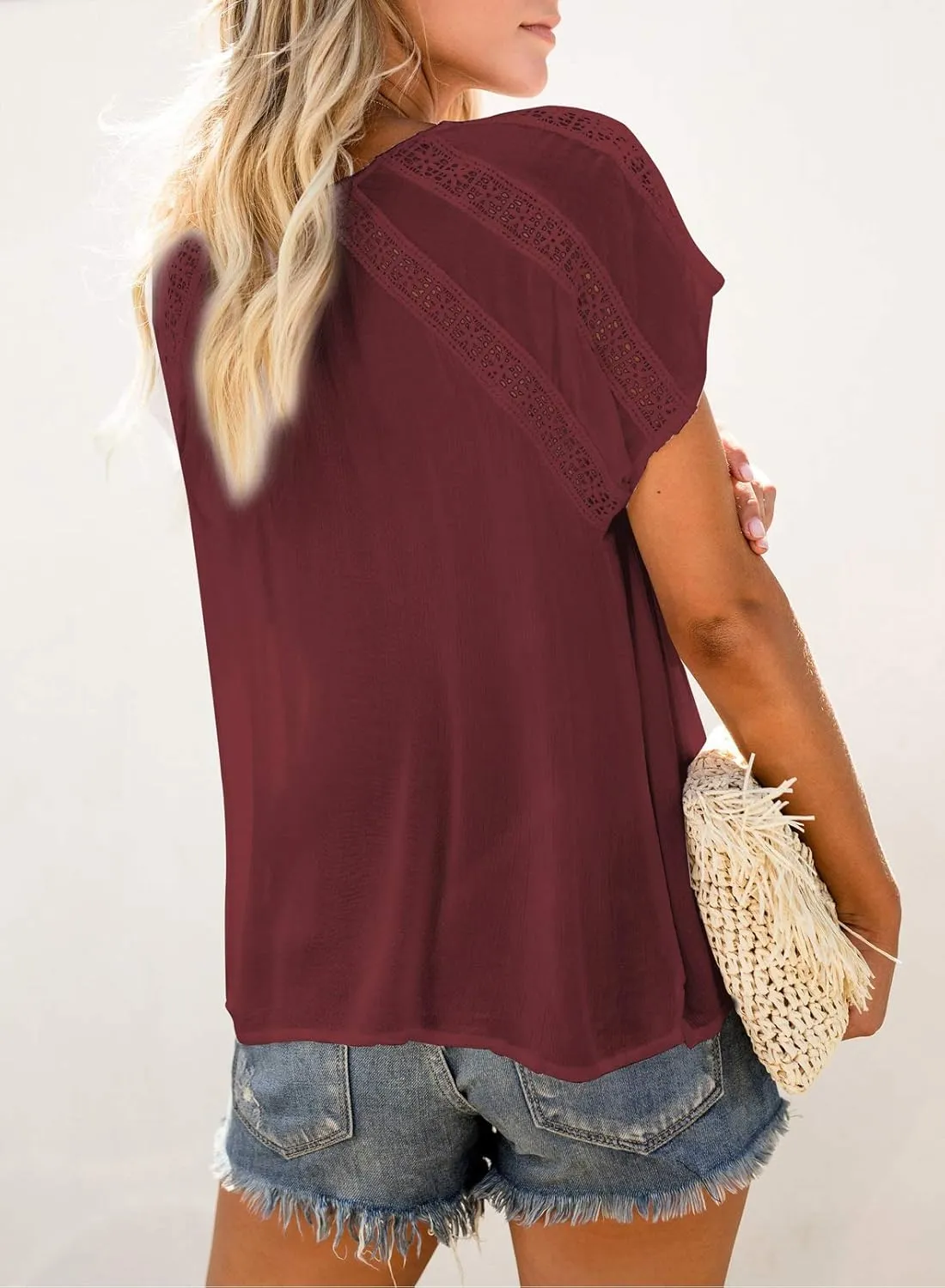 Dokotoo Women's V Neck Lace Crochet Eyelet Tops Short Sleeve Casual Shirts Blouses