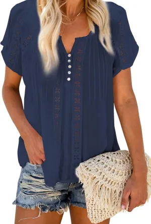 Dokotoo Women's V Neck Lace Crochet Eyelet Tops Short Sleeve Casual Shirts Blouses