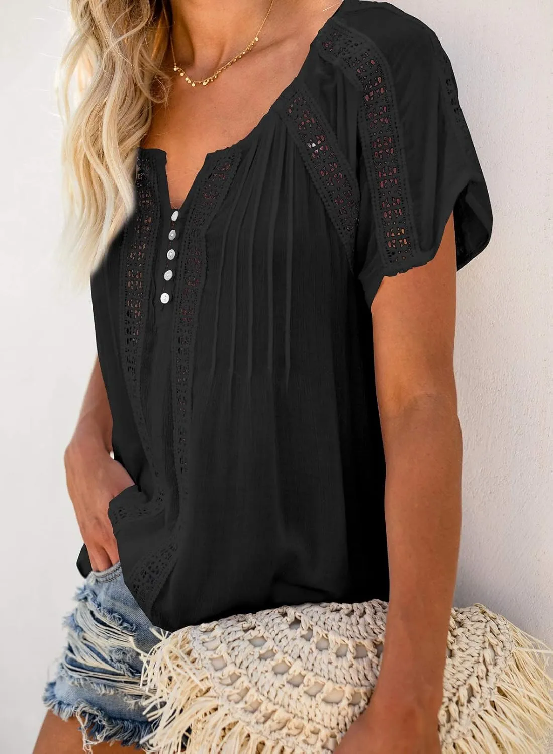 Dokotoo Women's V Neck Lace Crochet Eyelet Tops Short Sleeve Casual Shirts Blouses