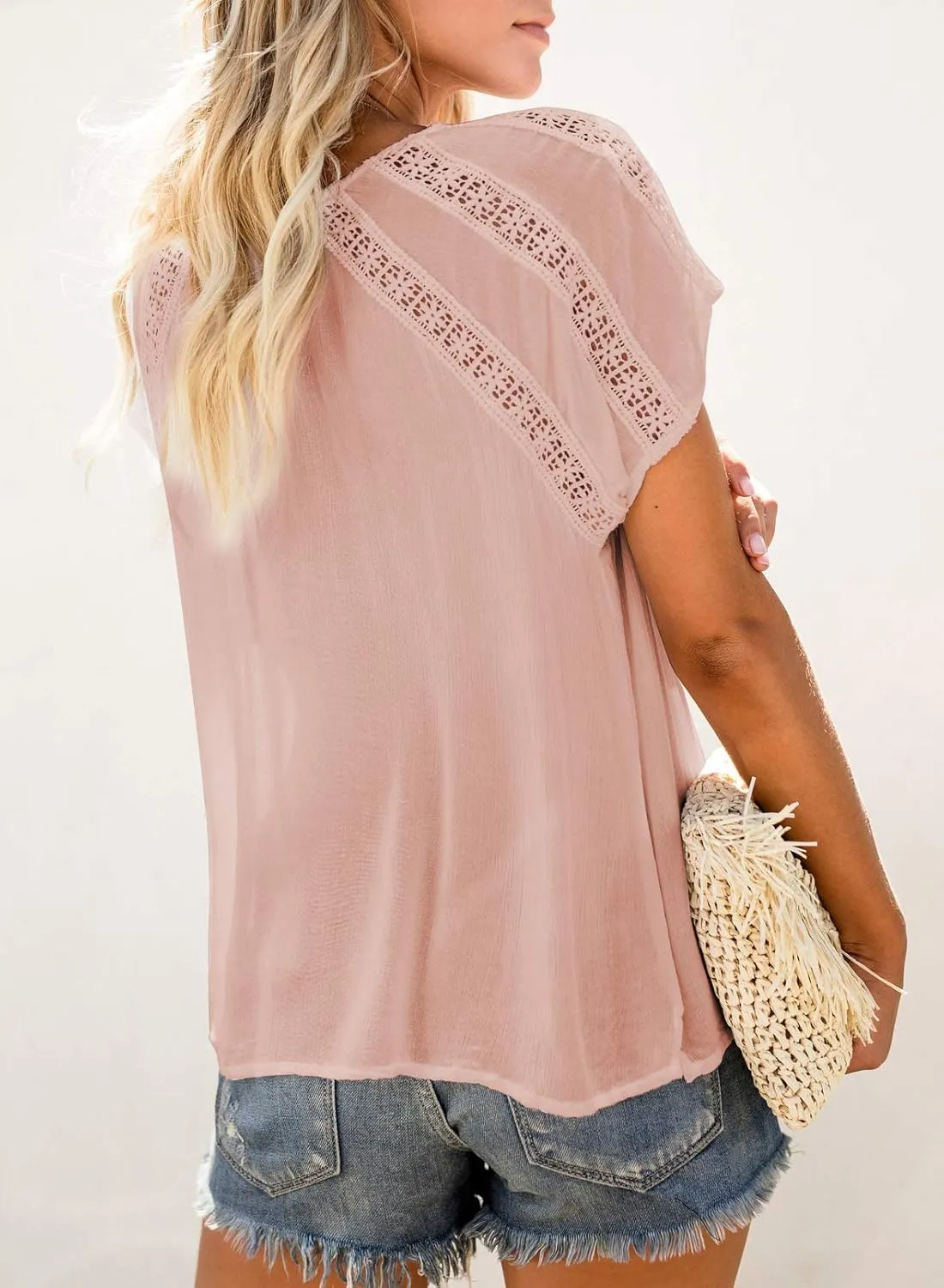 Dokotoo Women's V Neck Lace Crochet Eyelet Tops Short Sleeve Casual Shirts Blouses